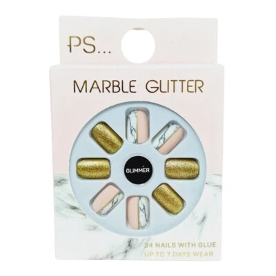 Primark False Nails Marble Gold Glitter Nail Extensions Press On + 2g Glue - Image 1 of 4