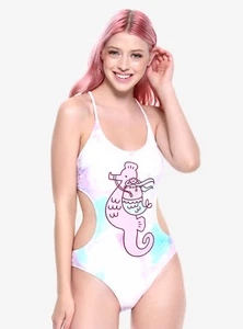 Pusheen Facebook Cat 1PC Cut-Out SWIM SUIT BATHING SWIMWEAR Mermaid Seahorse NWT - Imagen 1 de 5