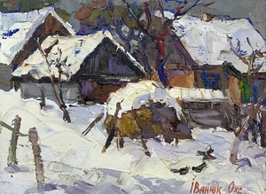 Oil Painting Winter Yard Kalenyuk O. Unframed Original Home Decor Art nAAA3097 - Picture 1 of 14