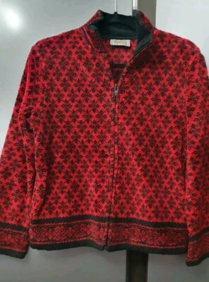 Talbots Petites Fleece Jacket Size S Red Black Full Zip Pattern Vintage Y2K 90s - Image 1 of 4
