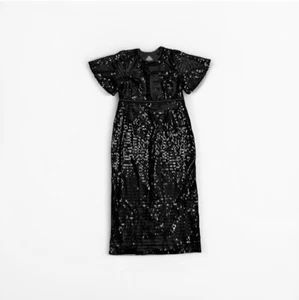Women’s Stunning Black Sequin Long Dress Short Angel Sleeve Open Back Size UK 14 - Picture 1 of 22