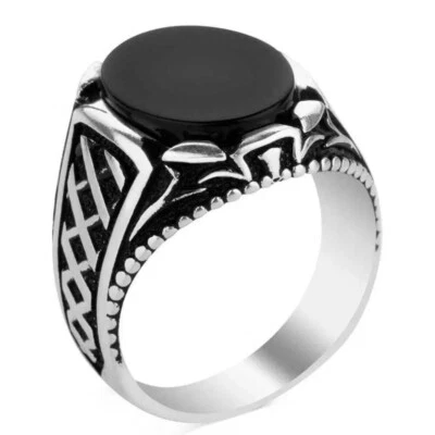 Solid 925 Sterling Silver Round Shape Black Onyx Gemstone Handmade Men's Ring - Image 1 of 4