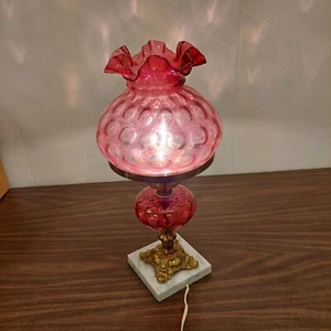 Vintage Mid Century Crown Rippled Top Cranberry Dots Lamp Gorgeous Marble Bottom - Picture 1 of 12