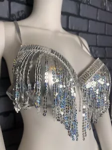 Lencería de lentejuelas plateadas con borlas brillantes ropa de club hipster talla XL sujetador y ropa interior - Imagen 1 de 9