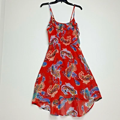 Vestido feminino Forever 21 estampa vermelha/paisley forrado transparente alça de espaguete alto-baixo M - Imagem 1 de 4