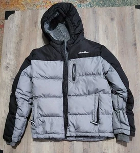 Eddie Bauer Gray/Black Puffer Coat Sherpa Lined Hooded Kids M (10/12) - Picture 1 of 3