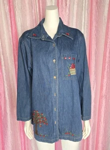 Casey Coleman Vintage Denim Embroidered Floral Button Down Cotton Shirt XL - Picture 1 of 7