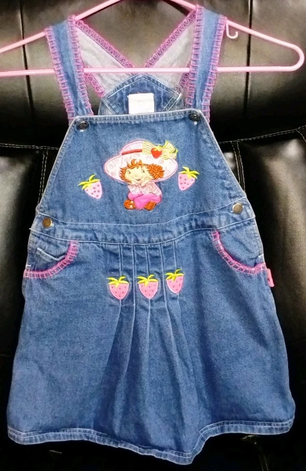 Y2K  Strawberry Shortcake 6 Young Girl Jeans Overalls Dress Denim Wear 2000's - Image 1 of 4