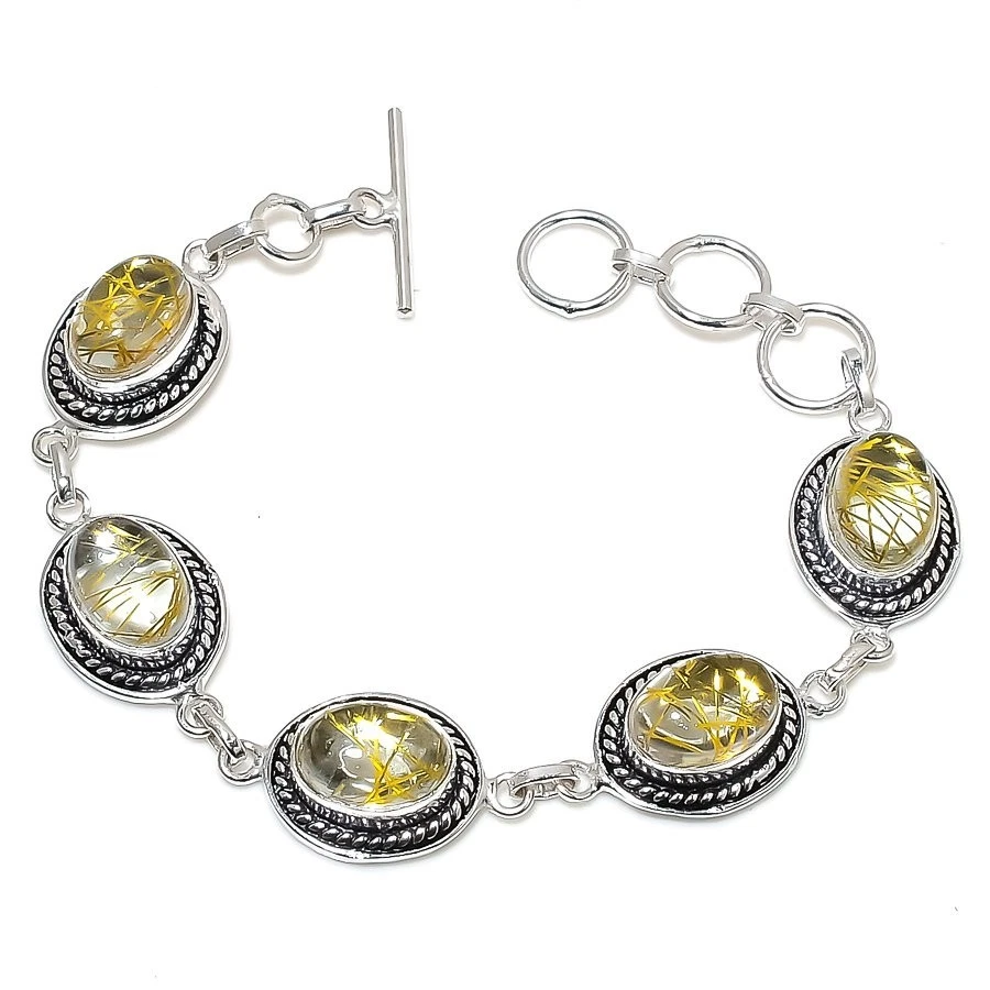 Rutilated Quartz Gemstone 925 Sterling Silver Jewelry Bracelet Size 7-8" - Image 1 of 1