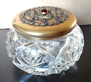 Vintage Jeweled gold filled decorated Dresser Vanity Trinket Jewelry powder jar - Picture 1 of 10