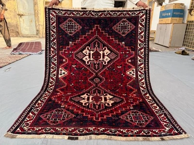 4x5 Bold Vintage Tribal Rug – Deep Red Nomadic Geometric Artwork with Animal - Image 1 of 3