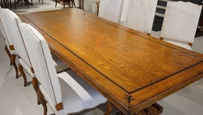 SEM TARIFAS! Linda mesa de jantar base cavalete madeira carvalho country francês 9' - Imagem 1 de 4