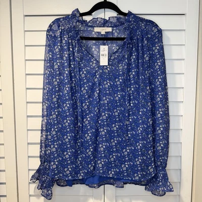 Blusa LOFT Azul Floral Manga Larga Forrada Transparente Para Mujer’s XL Top Ligero Foto 1 de 4
