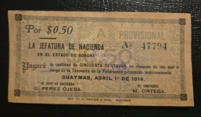 Mexico PK #S1056 La Jefatura De Hacienda Guaymas 50c Circulated Banknote - Image 1 of 2