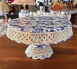 Cracker Barrel blau & weiß Porzellan Standfuß Kuchenplatte Ständer blaue Rosen - Bild 1 von 10