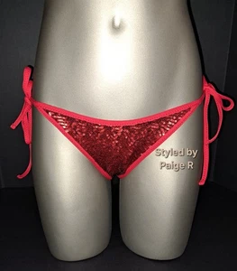 💕NWT SKIMS Swim Bikini Bar Tie Bottoms Swimsuit Swim Suit Red Sequin BRICK S - Picture 1 of 7