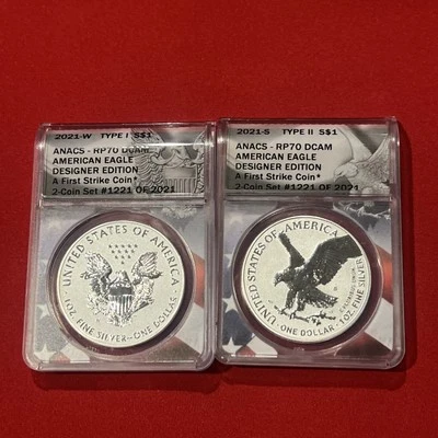 2021 W & S REVERSE PROOF SILVER EAGLE TYPE SET ANACS RP70 DESIGNER EDITION SET - Image 1 of 4