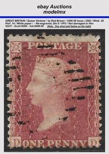 Gran Bretaña - QV 1856-58 Sc.20b - SG37, 1p Rojo Marrón, (DD), VFU, Cat. $400.00 - Imagen 1 de 2