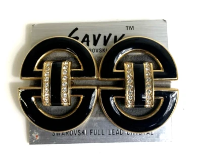 Brincos de cristal novo com etiquetas 1977-88 Swavorski SAL preto e dourado com clipe de batente de porta - Imagem 1 de 4