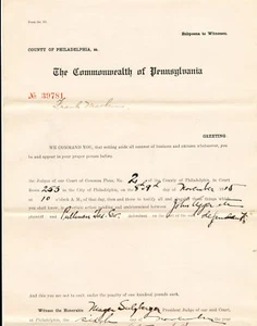 1915 - SUBOENA FRANK MACKLEN - TRIBUNAL DE SÚPLICAS COMUNES PHILADELPHIA PENNSYLVANIA - Imagen 1 de 3