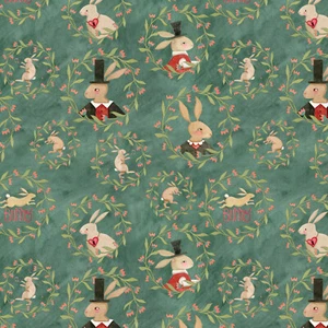 HOP HOP HOORAY ~ Rabbits Bunny Hare Wreaths on Teal Green Background~Riley Blake - Picture 1 of 1
