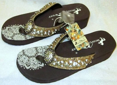 NUEVAS SANDALIAS MONTANA WEST Chanclas Western RHINESTONE BLING CUÑA TALLA 10 BRILLO Foto 1 de 4