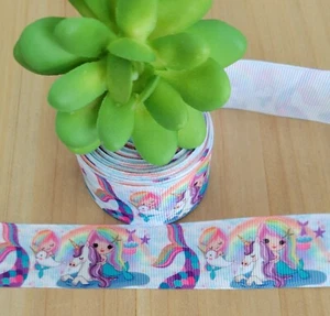 1 Inch (1YD) Mermaid Grosgrain Ribbon Unicorn Rainbow Sea Ocean Starfish  - Picture 1 of 1