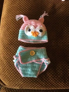 So Dorable 0-6 mo. Baby Photo-op Knit Owl Outfit Pink Blue - Picture 1 of 5