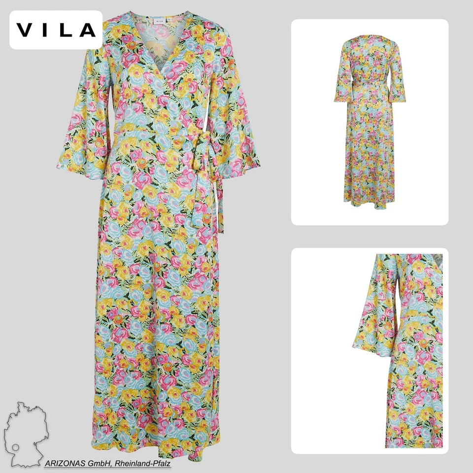 VILA Damen Blusenkleid mit Kimono Ärmel Midi Dress Leger mit Bindegürtel - Bild 1 von 1