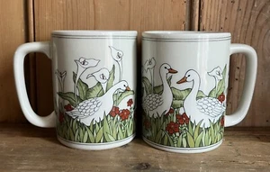 Vtg Set of  2 Otagiri Japan Ceramic Mug White Snow Geese In Calla Lilies Lily - Picture 1 of 8