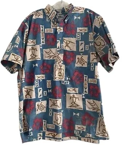 Camisa REYN SPOONER Hombres Azul Hawaiano Azteca Cuello 4 Botones Estampado Floral (X-GRANDE) - Imagen 1 de 7