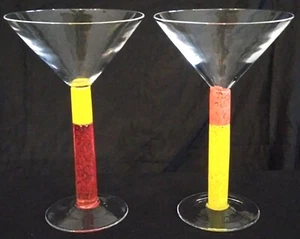 Set of 2 MARTINI GLASSES 2 TONE COLORFUL STEMS Modern Art Hand Blown Glass - Picture 1 of 7