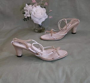 Women's Chanel Tan Fabric White Leather Strappy Buckle Sandals Size 5 US - Picture 1 of 15