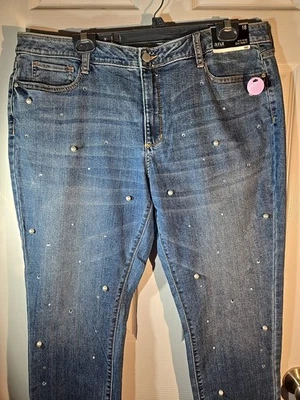 Pantalones de mezclilla ajustados de tiro medio A.N.A para mujer talla 18 azul pedrería y perlas Foto 1 de 4