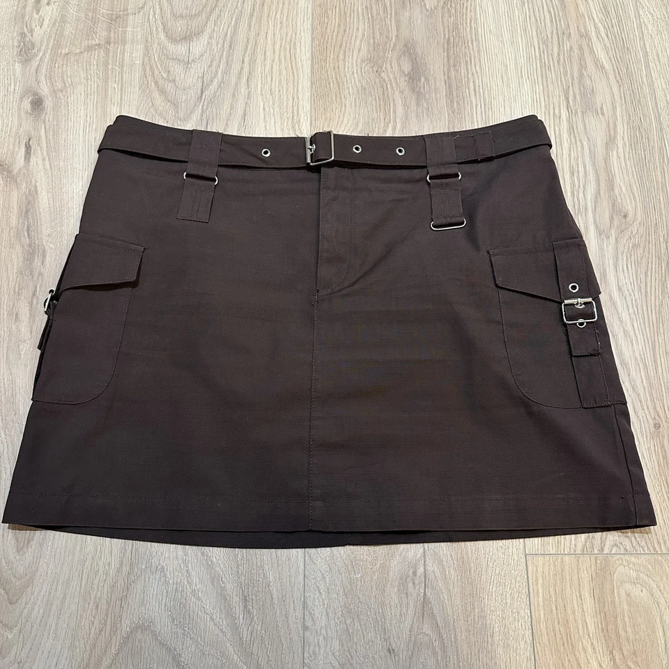 Minifalda vintage Y2k Mossimo marrón tiro bajo cargo cremallera bolsillo talla 16 ojal Foto 1 de 4