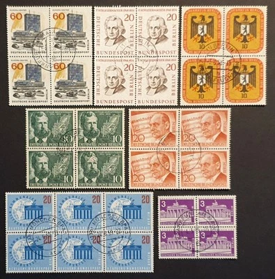 Germany West Berlin Stamps group of 7 VFU blocks of 4 from 1950s and 1960s  - Image 1 of 2