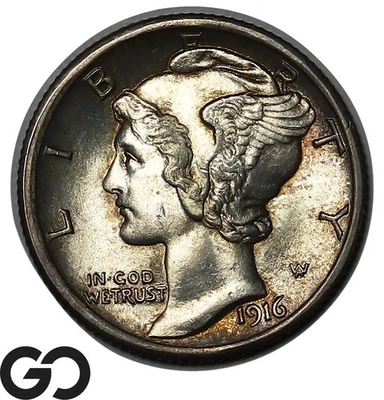 Moeda de dez centavos de mercúrio 1916, bandas divididas completas, boa joia BU++ FSB - Imagem 1 de 2