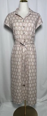 Lucky Brand Shirt Dress Midi Medium Short Sleeve Belted Linen Button Slits Beige - Image 1 of 4