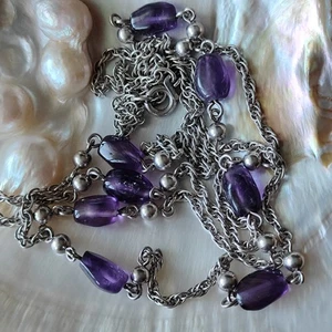 Vintage lange Kette Halskette Silber 835 natürlicher Amethyst CAH Germany, 70er Jahre, 16,6 g - Bild 1 von 12