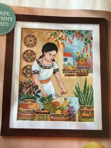 Dama mexicana en cocina con coloridas plantas de China ollas de comida tabla de punto de cruz - Imagen 1 de 1