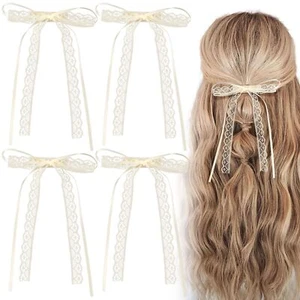4PCS Lace Hair Bow Clips Coquette Bow Barrettes with Long Ribbon Tail - Picture 1 of 7