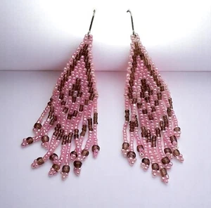 Perlen Fransen Chandelier Ohrhänger rosa braun Tribal Boho leicht - Bild 1 von 6