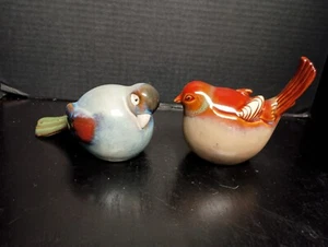 Pair Of Glazed Pottery Fat Colorful Birds Figures - Picture 1 of 17