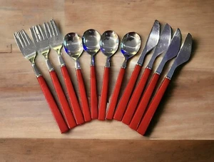 Vintage ROTER Griff 11 Stck Silberbesteck Set Gabeln Löffel Messer Mid Century Japan - Bild 1 von 5