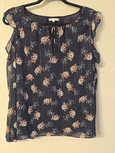 Bluse violett + Claire geblümt V-Ausschnitt Bluse Größe L marine - Bild 1 von 7