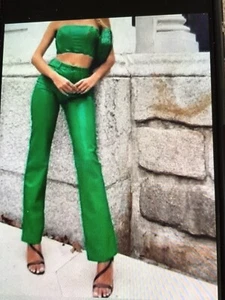 ZARA GREEN FAUX LEATHER JEANS TROUSERS HIGH WAIST MATCHING CROP TOP BUSTIER NEW - Picture 1 of 13