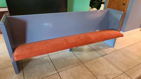 refinished church pew bench, blue lacquer finish, reupholstered orange Cover
