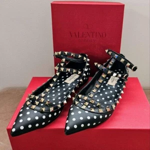 Valentino Garavani Rockstud Flat Pumps Black Polka Dots Size 36 From Italy Auth - Picture 1 of 8