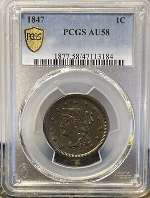 1847 Cabelo trançado centavo grande PCGS AU-58 ótimo apelo visual golpe forte - Imagem 1 de 3