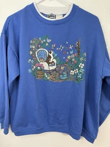 Vintage Basic Editions Grandmacore Sweater Cat Sitting Butterflies Blue Size L - Picture 1 of 9